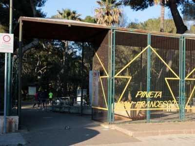 L�entrata di un altro �monumento� della zona: la Pineta San Francesco. In realt� gli ingressi sono due, uno di fronte all�altro, perch� il parco � diviso in due: c�� infatti la pineta piccola e quella grande. L�area, realizzata negli anni 60, ha rappresentato per lungo tempo l�unico polmone verde di Bari 
